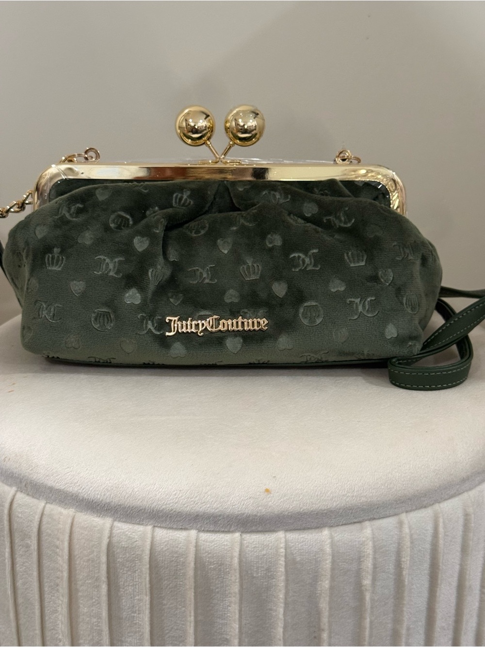 Juicy Couture Dark Green Velvet Kiss-Lock Wristlet with Gold Hardware